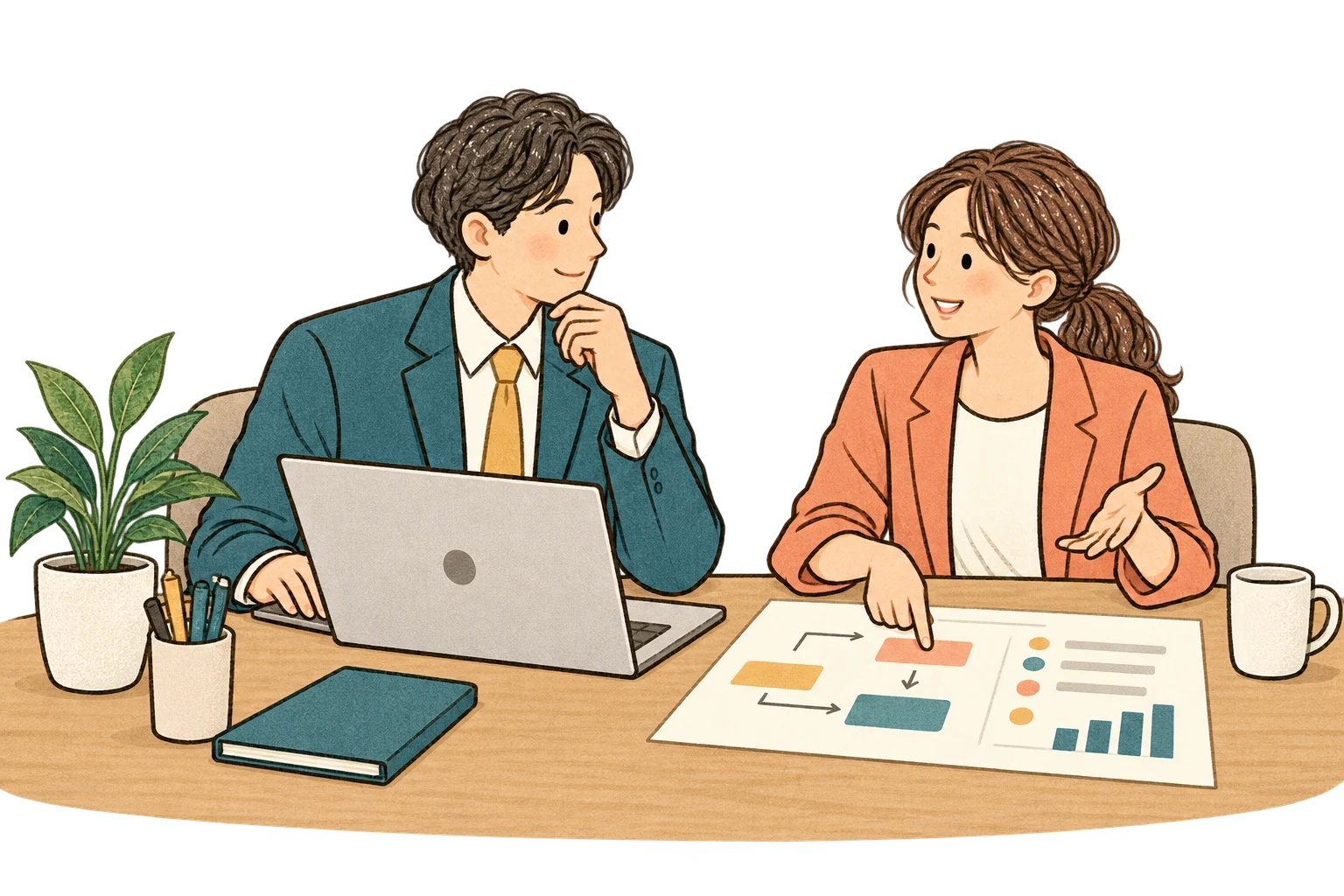 お客様の話を聞きながら、同じ担当者がパソコンで業務の仕組みをつくる手描き調イラスト