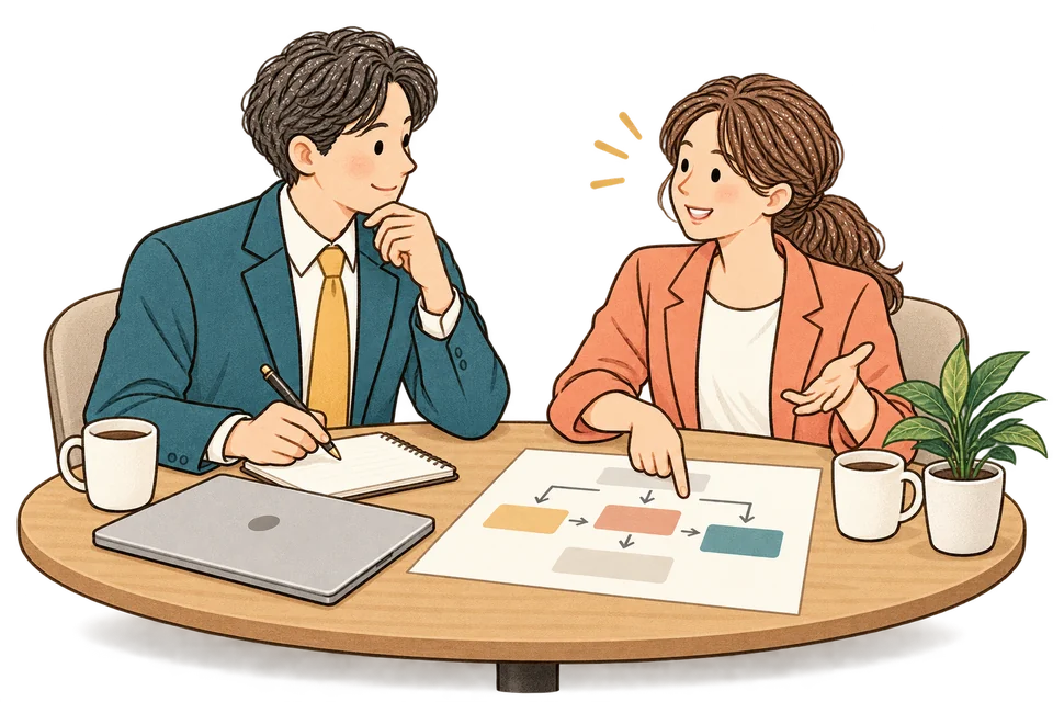 相談者と担当者が向き合い、資料を見ながら仕事の課題を話し合うイラスト