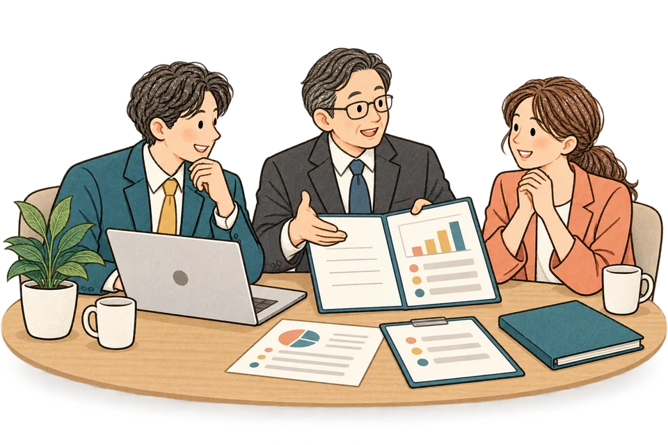 相談者・担当者・スーツ姿の行政書士の3人が、補助金活用について相談するイラスト