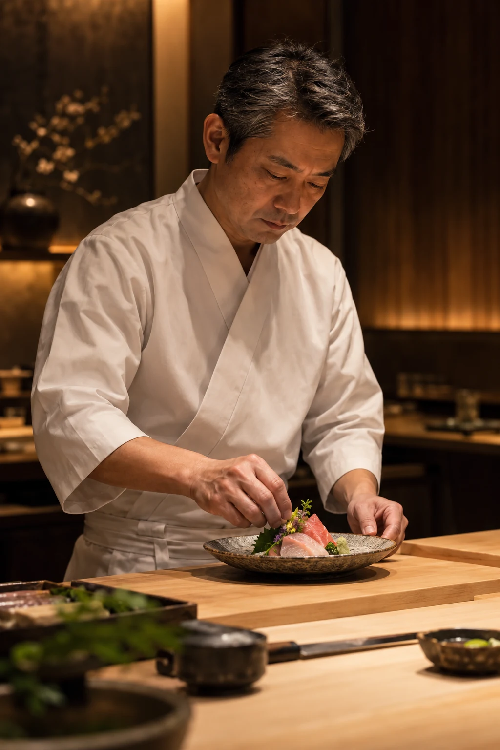 檜のカウンターで一皿を丁寧に仕上げる料理人