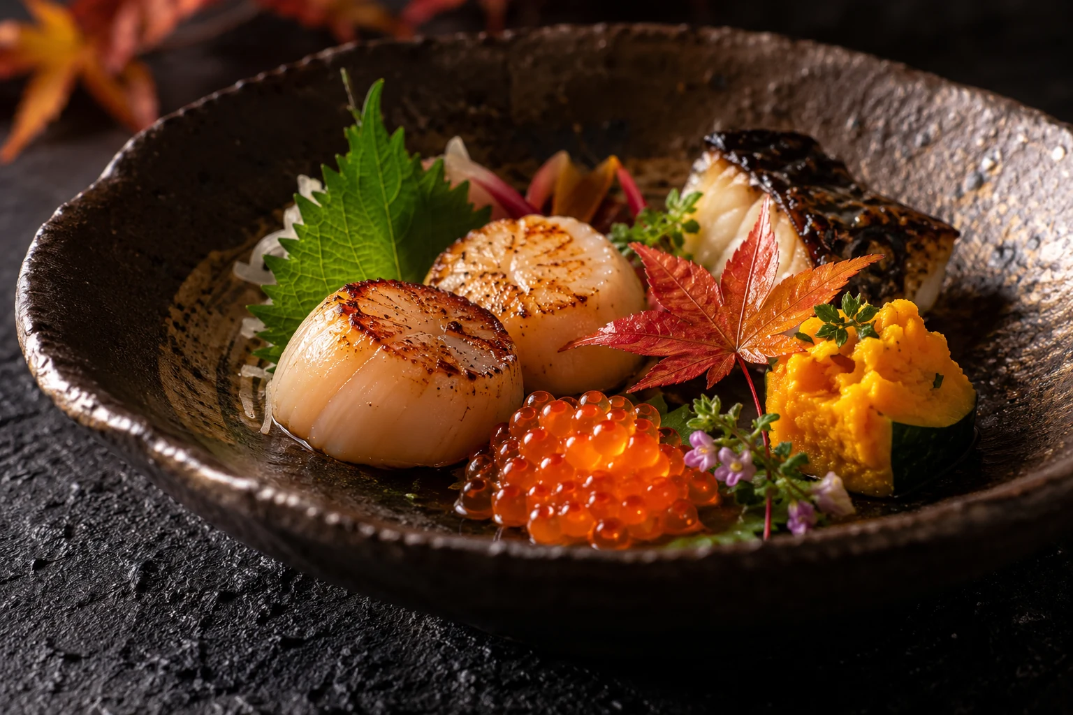 旬の帆立と魚、いくらを合わせた秋の八寸