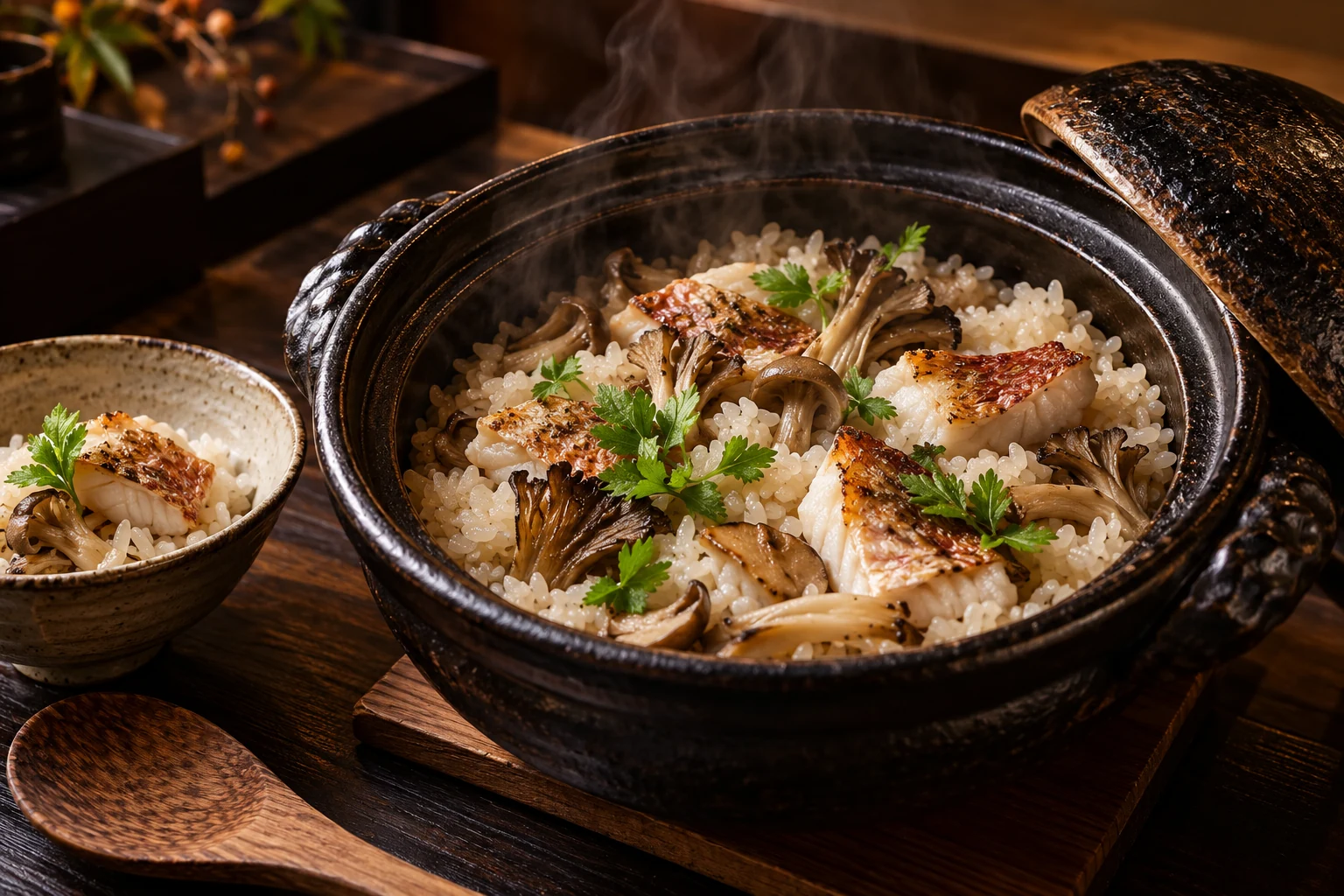 鯛ときのこを炊き込んだ湯気の立つ土鍋ご飯