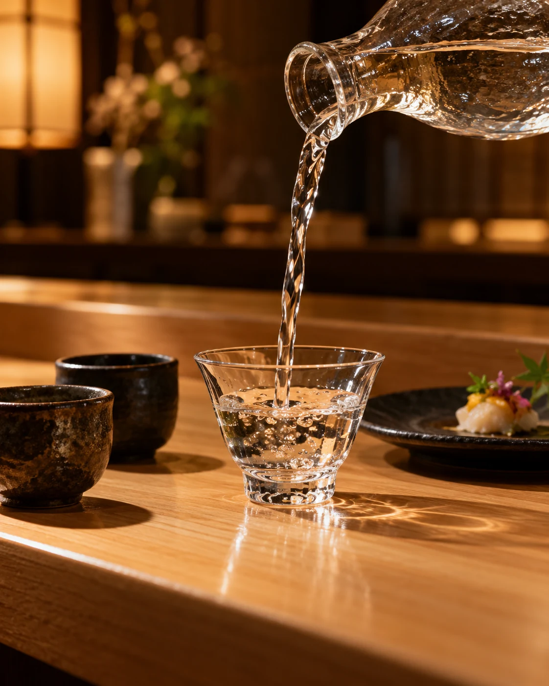 檜のカウンターでグラスに注がれる日本酒