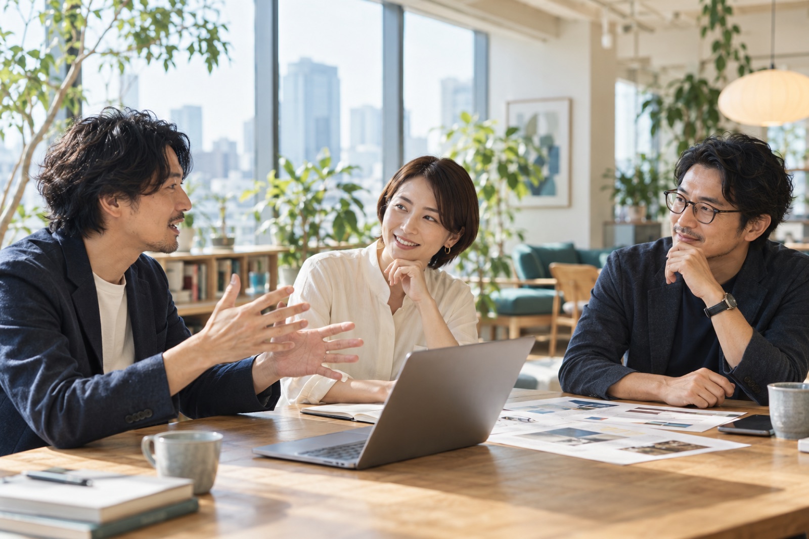 明るいオフィスで、ITの活用について話し合うチーム